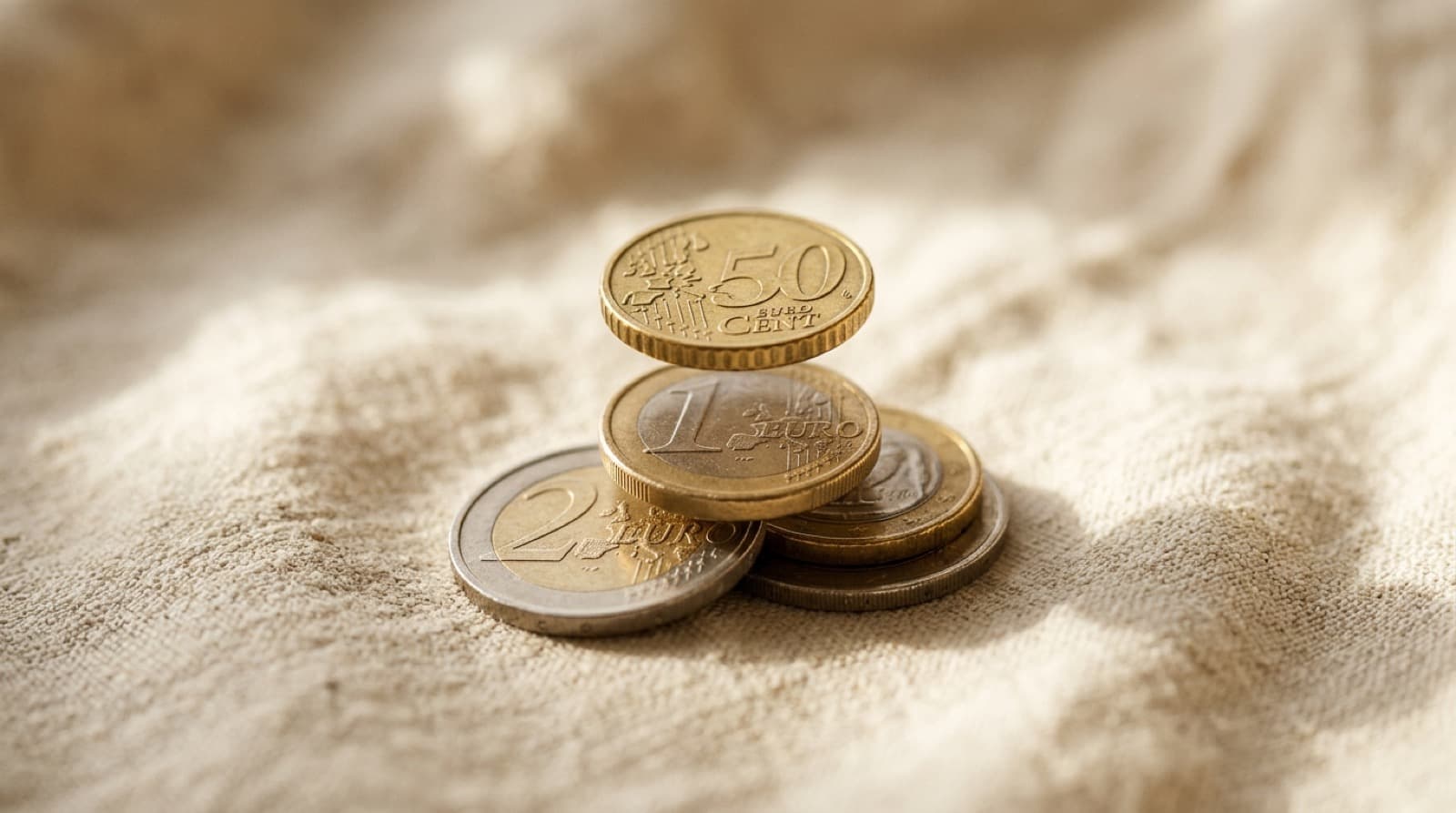 Monedas de euro apiladas sobre lino crema